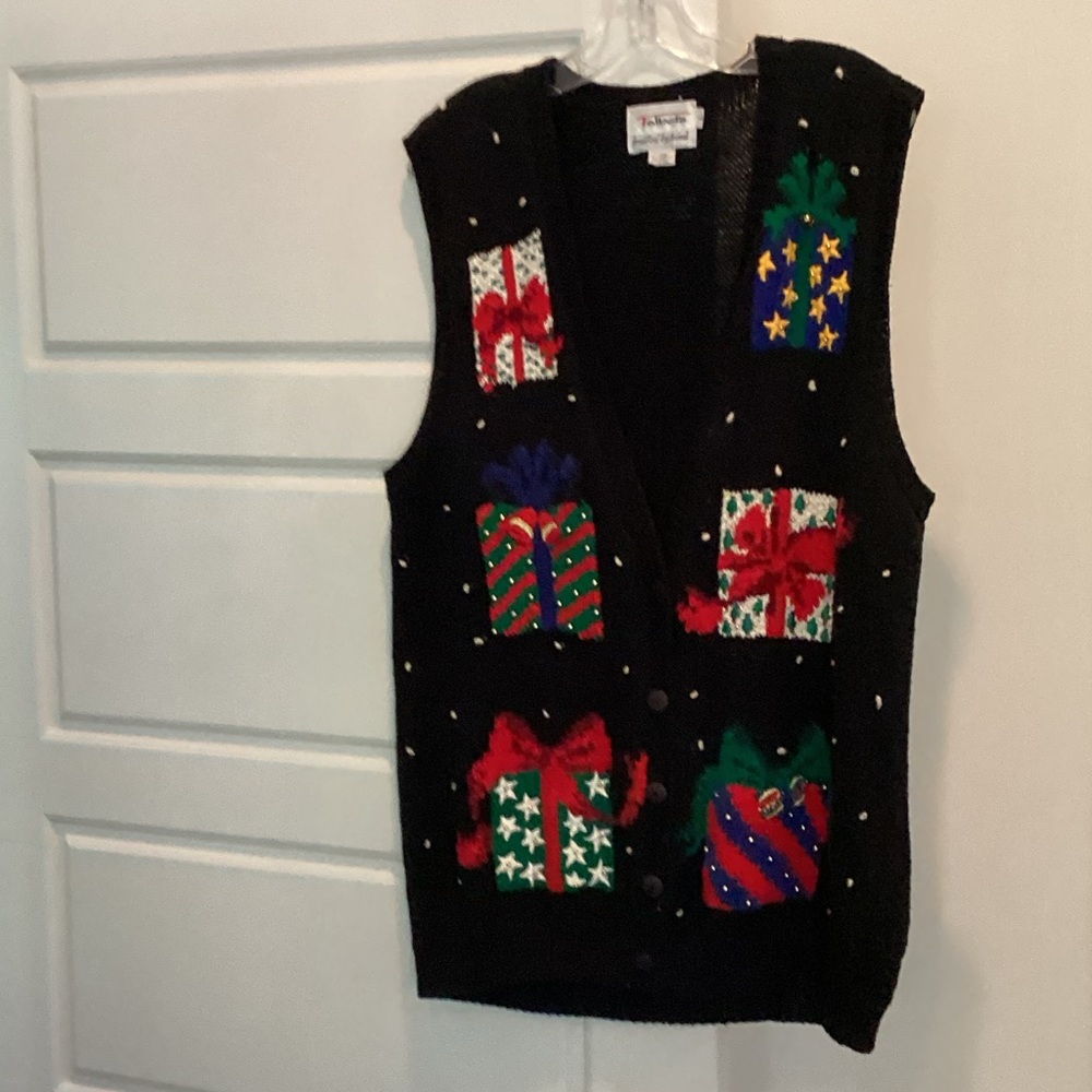 Holiday Present Knit Vest - Black with Multicolor Gift Motifs